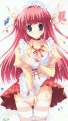 Rule 34 | 1girl, apron, blush, collar, covering crotch, covering privates, female focus, hair ribbon, long hair, maid headdress, mikeou, panties, panty pull, purple eyes, red hair, ribbon, skirt, solo, star (symbol), star print, striped clothes, striped thighhighs, thighhighs, underwear, waitress