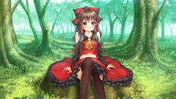 Rule 34 | 1girl, alternate color, ascot, bare shoulders, black thighhighs, blush, bow, brown hair, collaboration, detached sleeves, female focus, forest, frilled shirt, frills, grass, hair bow, hair tubes, hakurei reimu, highres, japanese clothes, long hair, miko, momoko (momopoco), nature, open mouth, red eyes, scenery, shirakawa mayo, shirt, sitting, skirt, solo, thighhighs, touhou, yellow ascot