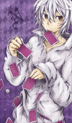 Rule 34 | 1boy, aged up, bad id, bad pixiv id, brown eyes, card, card in mouth, card in pocket, death note, floating card, hangdok, holding, holding card, male focus, mouth hold, near (death note), pile of cards, silver hair, solo