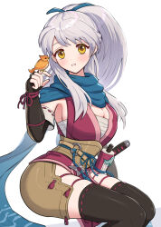 Rule 34 | 1girl, bandages, bird, black thighhighs, blue ribbon, blue scarf, breasts, chest sarashi, cleavage, commentary request, fire emblem, fire emblem: radiant dawn, fire emblem heroes, gonzarez, hair ribbon, highres, japanese clothes, kimono, large breasts, micaiah (fire emblem), micaiah (ninja) (fire emblem), ninja, nintendo, official alternate costume, official alternate hairstyle, ponytail, ribbon, sarashi, scarf, sideboob, simple background, sleeveless, sleeveless kimono, thighhighs, thighs, white background, yune (fire emblem)