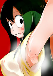 Rule 34 | 1girl, armpits, asui tsuyu, black eyes, boku no hero academia, green hair, heppushu, long hair, looking at viewer, red background, simple background, solo, steam, steaming body, sweat, tongue, tongue out, upper body