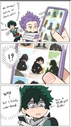 Rule 34 | 2boys, 3koma, black eyes, black hair, boku no hero academia, cellphone, closed mouth, comic, commentary, english commentary, english text, eraser head (boku no hero academia), facial hair, freckles, green hair, holding, holding phone, long hair, looking at another, looking at phone, male focus, midoriya izuku, multiple boys, open mouth, phone, purple hair, rice365, running, scarf, shaded face, shinsou hitoshi, short hair, simple background, smartphone, squatting, stubble, white background