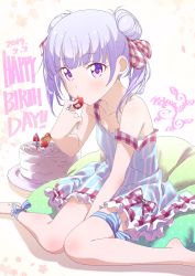 Rule 34 | 1girl, 2019, ankle ribbon, barefoot, between legs, blush, breasts, cake, cleavage, collarbone, dated, double bun, dress, food, fruit, hair bun, hair ribbon, hand between legs, happy birthday, highres, holding, holding food, holding fruit, leg ribbon, long hair, makicha (sasurainopink), new game!, off shoulder, purple eyes, ribbon, short dress, silver hair, sitting, sleeveless, sleeveless dress, small breasts, solo, striped clothes, striped dress, striped ribbon, suzukaze aoba, thigh ribbon, twintails, vertical-striped clothes, vertical-striped dress