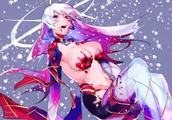 Rule 34 | 1girl, aonogura, armor, bikini armor, blue hair, breasts, colored inner hair, crying, crying with eyes open, earrings, fate/grand order, fate (series), flower, gradient background, gradient skin, halo, highres, jewelry, kama (beast iii/l) (fate), kama (fate), large breasts, looking at viewer, lotus, multicolored hair, purple eyes, red eyes, solo, star (symbol), starry background, tears, thighlet, white hair