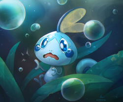 Rule 34 | absurdres, air bubble, anh dang, artist name, bubble, commentary, creatures (company), crying, crying with eyes open, d:, english commentary, game freak, gen 8 pokemon, highres, leaf, nintendo, open mouth, pokemon, pokemon (creature), signature, snot, sobble, solo, tears