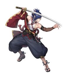 Rule 34 | 1boy, attack, bare shoulders, blue hair, fire emblem, fire emblem engage, fire emblem heroes, grin, h, hair ornament, hair over one eye, hair up, hairclip, highres, holding, holding sheath, holding sword, holding weapon, japanese clothes, kagetsu (fire emblem), katana, nintendo, non-web source, official art, sandals, sheath, smile, solo, sword, teeth, v-shaped eyebrows, weapon