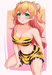 Rule 34 | 1girl, absurdres, animal print, bandeau, bare arms, bare shoulders, bikini, blonde hair, blush, breasts, cleavage, closed mouth, collarbone, commentary request, crop top, double bun, flower, gradient hair, green eyes, hair bun, hair flower, hair ornament, highres, hololive, horns, isazawa, long hair, looking at viewer, medium breasts, midriff, momosuzu nene, multicolored hair, navel, oni, oni horns, pink hair, skirt, smile, solo, squatting, strapless, strapless bikini, swimsuit, tiger print, two side up, virtual youtuber, yellow skirt