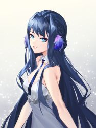 Rule 34 | 1girl, absurdres, alternate costume, arknights, astesia (arknights), blue eyes, blue hair, blue neckwear, braid, breasts, commentary, cz (mikumikumi), detached collar, dress, gradient background, grey background, grey dress, hair intakes, highres, long hair, looking at viewer, parted lips, small breasts, solo, strapless, strapless dress, upper body, very long hair