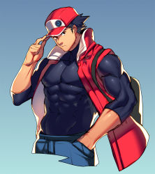 Rule 34 | 1boy, abs, adjusting clothes, adjusting headwear, aged up, black hair, black shirt, blouse, blue background, brown eyes, cowboy shot, creatures (company), game freak, gradient background, hat, looking at viewer, lvlv, male focus, manly, muscular, nintendo, open clothes, open vest, pectorals, pokemon, pokemon masters ex, popped collar, red (pokemon), red (sygna suit) (pokemon), shirt, skin tight, sleeveless, sleeveless jacket, solo, vest