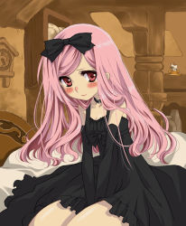 Rule 34 | 1girl, bed, between legs, black dress, black gloves, blush, bow, breasts, cleavage, collar, dress, elbow gloves, embarrassed, gloves, hair bow, hand between legs, indoors, kinoshita sakura, long hair, looking away, looking to the side, nose blush, on bed, original, pink hair, red eyes, sleeveless, sleeveless dress, solo, thick thighs, thighs, v arms