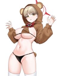 Rule 34 | 1girl, absurdres, animal ears, animal hood, bear ears, bear hood, bear tail, blue archive, breasts, commentary, cowboy shot, fake tail, fingernails, halo, highres, hood, large breasts, light brown hair, long sleeves, marina (blue archive), mashilemo, navel, open mouth, red halo, short hair, simple background, solo, symbol-only commentary, tail, thighhighs, white background, white thighhighs, yellow eyes