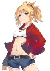 Rule 34 | 1girl, absurdres, blonde hair, blush, breasts, casual, denim, fate/apocrypha, fate (series), green eyes, hairband, hand on own hip, highres, jacket, jeans, mordred (fate), mordred (fate/apocrypha), mordred (memories at trifas) (fate), pants, ponytail, red hairband, red jacket, same (sendai623), simple background, smile, solo, white background