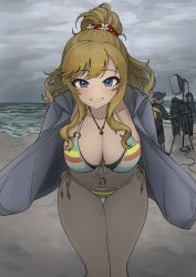 Rule 34 | 1girl, 4others, absurdres, ambiguous gender, bikini, blonde hair, blue eyes, blush, breasts, cleavage, cloud, cloudy sky, collarbone, feet out of frame, film set, grey jacket, hair ornament, halterneck, highres, horizon, idolmaster, idolmaster cinderella girls, jacket, jacket over swimsuit, jewelry, large breasts, looking at viewer, multicolored bikini, multicolored clothes, multiple others, navel, necklace, ocean, ohtsuki yui, open clothes, open jacket, ponytail, ribbon-trimmed bikini, side-tie bikini bottom, sky, smile, solo focus, string bikini, swimsuit, thigh gap, thighs, tv camera, ushimochi
