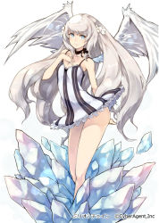 Rule 34 | 1girl, bare legs, blue eyes, dress, hair ornament, hand on own chest, ice, keypot, long hair, looking at viewer, million chain, official art, short dress, silver hair, simple background, solo, very long hair, wings