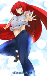 Rule 34 | 00s, 1girl, aozaki aoko, blue eyes, denim, hair intakes, jeans, kojima (blue stardust), long hair, melty blood, midriff, outstretched arms, outstretched hand, pants, red hair, serious, shirt, solo, tsukihime, very long hair, white shirt