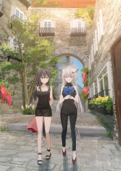 Rule 34 | 2girls, absurdres, animal ear fluff, animal ears, arknights, bare arms, bare shoulders, black camisole, black footwear, black hair, black pants, black shirt, black shorts, blue eyes, blue flower, blue rose, bouquet, brown eyes, building, camisole, chihuri, closed mouth, day, flower, grey hair, hair between eyes, hair ornament, hairclip, highres, holding, holding bouquet, lappland (arknights), long hair, multiple girls, outdoors, pants, red flower, red footwear, red rose, rose, sandals, scar, scar across eye, scar on face, shirt, shoes, short shorts, shorts, sleeveless, sleeveless shirt, smile, tail, texas (arknights), tree, very long hair, window