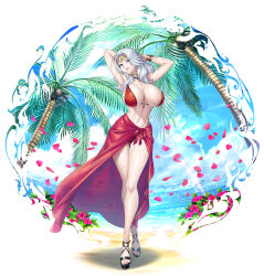 1girl 2024 armpits arms_behind_head arms_up beach bikini black_footwear blue_sky breasts cara_cromwell cara_the_blood_lord cleavage cloud cloudy_sky coconut coconut_tree curly_hair flower hibiscus high_heels highleg highleg_bikini highres huge_breasts jewelry kagami_hirotaka large_breasts long_hair micro_bikini navel necklace ocean official_art palm_leaf palm_tree petals platform_footwear platform_heels red_bikini red_eyes red_sarong sarong shoes sky solo standing summer sun sunlight swimsuit taimanin_(series) taimanin_rpgx thong thong_bikini tree umbrella vampire wet white_hair