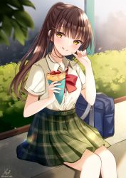 Rule 34 | 1girl, :q, bag, blush, bow, brown hair, closed mouth, collared shirt, commentary request, cream, cream on face, crepe, day, dress shirt, feet out of frame, food, food on face, fruit, green skirt, holding, holding food, long hair, looking at viewer, original, outdoors, plaid, plaid skirt, pleated skirt, ponytail, red bow, sakura hiyori, school bag, school uniform, shirt, short sleeves, signature, sitting, skirt, smile, solo, strawberry, tongue, tongue out, twitter username, very long hair, white shirt, yellow eyes