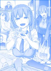 Rule 34 | 1boy, 1girl, ai-chan (tawawa), apron, bag, bed, blanket, blue theme, blush, braid, breasts, clock, comic, commentary request, coughing, doorway, dress shirt, egg, feeding, getsuyoubi no tawawa, groceries, grocery bag, himura kiseki, incoming food, large breasts, long sleeves, looking at viewer, mask, mask pull, monochrome, mouth mask, necktie, one eye closed, open collar, open mouth, pantyhose, pleated skirt, school bag, school uniform, serafuku, shirt, shopping bag, short hair, side braid, silent comic, skirt, slippers, smile, spoon, spring onion, thigh gap, white shirt