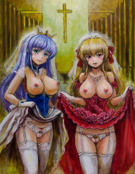 Rule 34 | 2girls, blonde hair, blue eyes, blue hair, blush, breastless clothes, breasts, clothes lift, crotchless, crotchless panties, crown, dress, dress lift, feena fam earthlight, female focus, fortune arterial, garter belt, garter straps, highres, lifting own clothes, long hair, looking at viewer, medium breasts, multiple girls, nipple piercing, nipples, open mouth, panties, piercing, pubic hair, pussy, red eyes, sendou erika, smile, standing, thighhighs, uncensored, underwear, white thighhighs, yoake mae yori ruri iro na