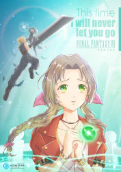 Rule 34 | 1girl, 2boys, aerith gainsborough, armor, belt, black jacket, blonde hair, blue pants, boots, bracelet, braid, brown hair, buster sword, ca harbor, choker, cloud, cloudy sky, dress, english text, falling feathers, feathers, fighting stance, final fantasy, final fantasy vii, final fantasy vii remake, full body, green background, green eyes, hair ribbon, highres, holding, holding weapon, jacket, jewelry, lifestream, long hair, masamune (ff7), materia, multiple boys, necklace, own hands clasped, pants, parted bangs, parted lips, pink dress, pink ribbon, praying, red jacket, ribbon, sephiroth, short hair, shoulder armor, sidelocks, silver hair, sky, sleeveless, sleeveless turtleneck, spiked hair, square enix, turtleneck, upper body, weapon, worried