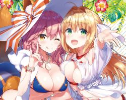 Rule 34 | 2girls, animal ear fluff, animal ears, bikini, bikini top only, blonde hair, blue bikini, blush, breast press, breasts, brown eyes, cleavage, collarbone, commentary request, criss-cross halter, fate/grand order, fate (series), fingernails, flower, fox ears, fox tail, green eyes, halterneck, hat, hood, hood down, jewelry, large breasts, looking at viewer, masuishi kinoto, multiple girls, necklace, nero claudius (fate), nero claudius (fate) (all), nero claudius (swimsuit caster) (fate), nero claudius (swimsuit caster) (third ascension) (fate), one eye closed, open mouth, outstretched hand, pink hair, ribbon, see-through, simple background, smile, striped bikini, striped clothes, swimsuit, tail, tamamo (fate), tamamo no mae (fate/extra), tamamo no mae (swimsuit lancer) (fate), tamamo no mae (swimsuit lancer) (third ascension) (fate), tongue, tongue out, upper body