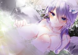 Rule 34 | 1girl, anemone (flower knight girl), bad id, bad pixiv id, blue eyes, breasts, rabbit hair ornament, closed mouth, flower, flower knight girl, hair ornament, hairclip, knees to chest, large breasts, long hair, looking at viewer, nude, onsen, partially submerged, purple hair, rock, signature, smile, solo, towel, towel on head, uehara (higanbachi), water