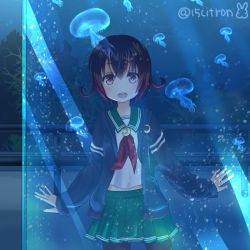 Rule 34 | 15citron, 1girl, aquarium, black pantyhose, brown hair, commentary request, cowboy shot, crescent, crescent pin, gradient hair, green sailor collar, green skirt, indoors, jacket, jellyfish, kantai collection, multicolored hair, mutsuki (kancolle), mutsuki kai ni (kancolle), neckerchief, one-hour drawing challenge, open mouth, outstretched arms, pantyhose, pleated skirt, red hair, red neckerchief, round teeth, sailor collar, school uniform, serafuku, short hair, skirt, smile, solo, teeth, twitter username, upper teeth only