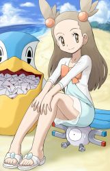 Rule 34 | 00s, 1girl, beach, brown eyes, brown hair, creatures (company), day, envelope, fanmail, feet, game freak, gen 1 pokemon, gen 3 pokemon, gym leader, hair ornament, jasmine (pokemon), long hair, magnemite, nintendo, outdoors, pelipper, pokemoa, pokemon, pokemon (creature), pokemon hgss, sandals, sitting, smile, split mouth, sweatdrop, toes, two side up, water, when you see it