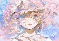 Rule 34 | 1girl, artist name, blue eyes, branch, cherry blossoms, day, highres, lipstick, looking at viewer, makeup, one eye covered, orie h, original, outdoors, portrait, shadow, short hair