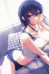 Rule 34 | 1girl, bare shoulders, blue eyes, blue hair, breasts, camisole, cleavage, couch, dolphin shorts, female focus, hand up, highres, indoors, looking at viewer, lying, medium hair, navel, nikuya (nikuniku nikuya), on side, on stomach, original, pillow, short shorts, shorts, solo, sunlight, tank top, thighs