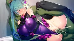 Rule 34 | 1girl, ahegao, belt collar, blue eyes, blush, breasts, censored, clothing aside, collar, colored skin, covered erect nipples, covered navel, cum, cum in pussy, ejaculation, eyebrows hidden by hair, fujisaki satsuki, game cg, green hair, green skin, groin, indoors, large breasts, leg up, legs, leotard, leotard aside, lying, monster, mosaic censoring, on side, orc, orgasm, original, penis, pussy, see-through, seijun hero x bitch ochi!!, sex, simple background, thighhighs, thighs, torisan, twintails, vaginal