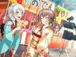 Rule 34 | 2girls, bang dream!, blush, brown hair, closed eyes, kimono, multiple girls, new year, short hair, smile, wakamiya eve, yamato maya