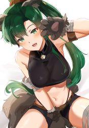 Rule 34 | 1girl, absurdres, animal ears, animal hands, bare shoulders, bell, black shirt, black shorts, blush, breasts, collar, crop top, fang, fire emblem, fire emblem: the blazing blade, gloves, green eyes, green hair, high ponytail, highres, jingle bell, large breasts, long hair, looking at viewer, lyn (fire emblem), navel, nintendo, open mouth, ormille, paw gloves, ponytail, shirt, shorts, simple background, smile, solo, tail, white background, wolf ears, wolf girl, wolf tail