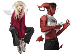 Rule 34 | 1boy, 1girl, black pants, blunt bangs, braid, clothes lift, colored skin, cropped legs, demon horns, demon tail, detached wings, earrings, grey eyes, grey footwear, highres, horns, invisible chair, jewelry, midriff, navel, open mouth, original, pants, pointy ears, print shirt, red shirt, red skin, rinotuna, shadow, shirt, shirt lift, shoes, short twintails, simple background, sitting, sleeveless, sleeveless shirt, smoking, sunglasses, tail, twin braids, twintails, white background, white shirt, wings