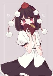 Rule 34 | 1girl, absurdres, bad id, bad pixiv id, black hair, black skirt, blush, cowboy shot, food, frilled skirt, frills, gift, hands on own chest, hat, heart, highres, holding, holding food, holding gift, linda 18, looking at viewer, pom pom (clothes), puffy short sleeves, puffy sleeves, red eyes, shameimaru aya, shirt, short sleeves, skirt, solo, tokin hat, touhou, valentine, white shirt