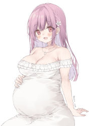 Rule 34 | 1girl, arm support, blush, breasts, dress, flower, frilled dress, frills, hair flower, hair ornament, hand on own stomach, highres, hinako note, jewelry, large breasts, long hair, march-bunny, motherly, necklace, open mouth, pink eyes, pink hair, pregnant, sakuragi hinako, sitting, smile, solo, straight hair, twitter username, white dress, white flower