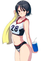Rule 34 | 1girl, arched back, black hair, blush, breasts, brown eyes, cowboy shot, highres, kouno (masao), large breasts, looking at viewer, midriff, navel, original, short hair, shorts, simple background, smile, solo, standing, towel, track and field, track uniform, white background