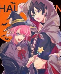 Rule 34 | 0721786, 2boys, :d, alternate costume, amemura ramuda, black hair, blue eyes, commentary, crop top, halloween, hat, heterochromia, holding, holding wand, hypnosis mic, mole, multiple boys, neck ribbon, open mouth, orange background, pink hair, red ribbon, ribbon, short hair, sidelocks, skull, smile, symbol-only commentary, wand, witch hat, yamada saburo