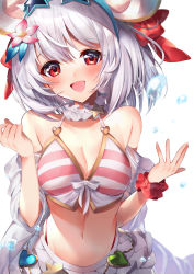 Rule 34 | 1girl, 40 (0f0urw), absurdres, animal ears, ass, bikini, bikini skirt, blush, breasts, crop top, crop top overhang, fake animal ears, granblue fantasy, halterneck, highres, lips, looking at viewer, medium breasts, mouse ears, navel, open mouth, red eyes, scrunchie, short hair, simple background, skirt, smile, solo, star-shaped eyewear, star (symbol), stomach, striped bikini, striped clothes, swimsuit, tagme, vikala (blooming summer wallflower) (granblue fantasy), vikala (granblue fantasy), water drop, white background, white skirt, wrist scrunchie