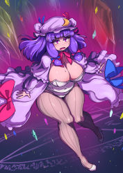 Rule 34 | 1girl, breasts, cleavage, crescent, crescent hair ornament, crescent hat ornament, dress, enajii, hair ornament, hat, hat ornament, highres, large breasts, leotard, long dress, long hair, mob cap, patchouli knowledge, playboy bunny, purple eyes, purple hair, solo, striped clothes, striped dress, thighs, touhou, vertical-striped clothes, vertical-striped dress, very long hair