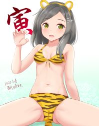 Rule 34 | 1girl, ame-san, animal ears, animal print, bikini, black hair, cameltoe, chinese zodiac, cowboy shot, dated, front-tie top, gradient background, green eyes, hair ornament, hairclip, highres, kantai collection, kuroshio (kancolle), looking at viewer, short hair, solo, swimsuit, tail, tiger ears, tiger print, tiger stripes, tiger tail, twitter username, white background, year of the tiger