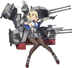 Rule 34 | 1girl, armpits, black pantyhose, blonde hair, blue dress, breasts, cannon, capelet, colorado (kancolle), dress, full body, kantai collection, machinery, necktie, official art, pantyhose, parsley-f, pointing, short hair, sideboob, source request, turret