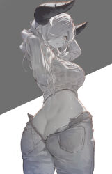1girl absurdres arms_up ass ass_zipper breasts butt_crack contemporary denim draph granblue_fantasy greyscale hair_over_one_eye highres horns jeans large_breasts long_hair long_sleeves looking_at_viewer looking_back monochrome narmaya_(granblue_fantasy) open_mouth open_pants pants pocket pointy_ears simple_background solo sweater yu_pian zipper
