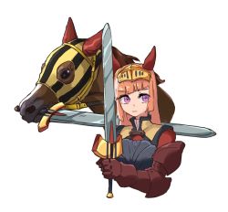 Rule 34 | 1girl, animal ears, arm guards, armor, breastplate, creature and personification, durandal (racehorse), ear covers, gauntlets, genderswap, genderswap (mtf), holding, holding sword, holding weapon, hood, horse, horse ears, horse girl, knight, long hair, mouth hold, name connection, obushideian, orange hair, original, personification, purple eyes, simple background, sword, umamusume, upper body, visor (armor), weapon, white background