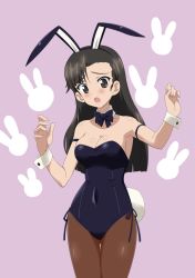 Rule 34 | 1girl, animal ears, animal print, armlet, asymmetrical bangs, black pantyhose, blue bow, blue bowtie, blue leotard, blush, bow, bowtie, breasts, brown eyes, brown hair, cleavage, collar, commentary, covered navel, cowboy shot, detached collar, fake animal ears, frown, girls und panzer, head tilt, highres, leotard, long hair, looking at viewer, medium breasts, nao (nao puku777), nishi kinuyo, open mouth, pantyhose, playboy bunny, purple background, rabbit ears, rabbit print, side-tie leotard, solo, standing, strapless, strapless leotard, thigh gap, thighs, w arms, white collar, wrist cuffs