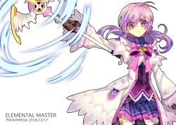 Rule 34 | &gt;:&lt;, 1girl, aisha landar, antenna hair, athria, bow, bowtie, character name, cowboy shot, dated, elemental master (elsword), elsword, gloves, hair between eyes, jacket, magic, pink bow, pink bowtie, purple eyes, purple hair, purple skirt, ribbon, simple background, skirt, staff, symbol, thighhighs, v-shaped eyebrows, white background