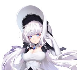 Rule 34 | 1girl, azur lane, blue eyes, blue gemstone, breasts, cleavage, closed mouth, commentary request, detached collar, dress, elbow gloves, gem, gloves, grey background, hair ornament, hand on headwear, hat, highres, illustrious (azur lane), large breasts, long hair, looking at viewer, mole, mole under eye, revision, smile, solo, strapless, strapless dress, sun hat, transparent background, upper body, very long hair, whisibusy, white dress, white gloves, white hair, white hat