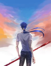 Rule 34 | 1boy, back, beads, blue hair, chain, cu chulainn (caster) (fate), cu chulainn (fate), cu chulainn (fate/stay night), fate/stay night, fate (series), floating hair, from behind, gae bolg (fate), hair beads, hair ornament, holding, holding polearm, holding weapon, long hair, male focus, muscular, muscular male, pants, polearm, ponytail, shirt, short sleeves, solo, spiked hair, t-shirt, weapon, zuif d