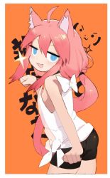 Rule 34 | 1girl, animal ear fluff, animal ears, arm up, ass, bike shorts, blue eyes, cat ears, fang, from behind, hinata channel, jong tu, long hair, looking back, low twintails, nekomiya hinata, open mouth, paw pose, pink hair, see-through, shorts, smile, solo, sparkle, twintails, vest, virtual youtuber, white vest